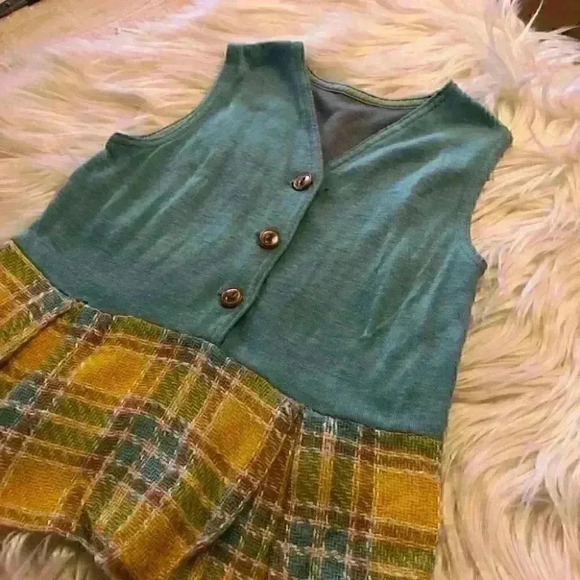 VTG tartan yellow blue handmade vested pleated skirt dress size 2+ years - Picture 1 of 5